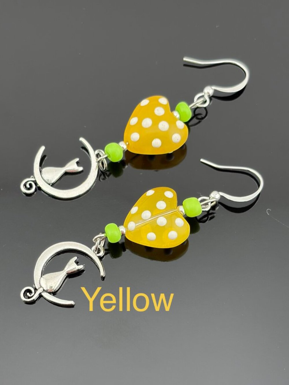 Cat On Moon Polka Dot YELLOW Heart Glass Bead Handmade Earrings LR242